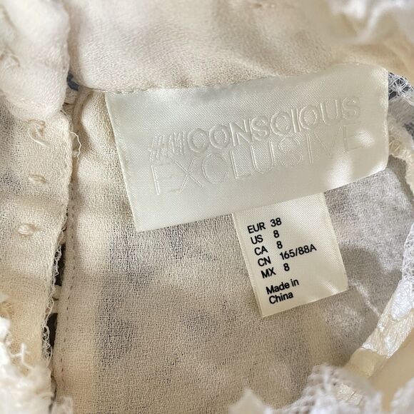 H&M Conscious Exclusive Mini Dress Women 8 Ivory Lace Floral Wedding Ethereal - Picture 12 of 13